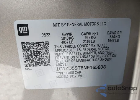 2022 Chevrolet Malibu Fwd Lt z USA, uszkodzony, nr VIN 1G1ZD5ST8NF165808